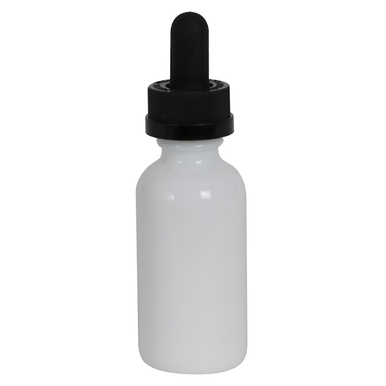 1 oz. White Glass Boston Round Bottle with 20/400 Black Graduated CRC Dropper Cap with Glass Pipette
