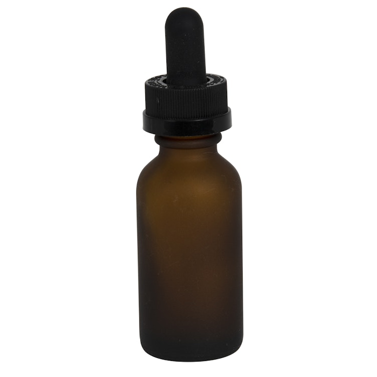 1 oz. Amber Frosted Glass Boston Round Bottle with 20/400 Black Graduated CRC Dropper Cap with Glass Pipette
