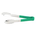 Heat-Resistant Stainless Steel Utility Tongs with Green Polypropylene Handle - 9" Long