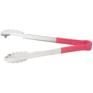 Heat-Resistant Stainless Steel Utility Tongs with Red Polypropylene Handle - 12" Long
