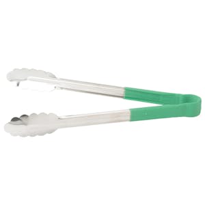 Heat-Resistant Stainless Steel Utility Tongs with Green Polypropylene Handle - 12" Long