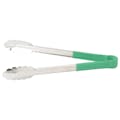 Heat-Resistant Stainless Steel Utility Tongs with Green Polypropylene Handle - 12" Long