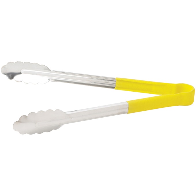 Heat-Resistant Stainless Steel Utility Tongs with Yellow Polypropylene Handle - 12" Long