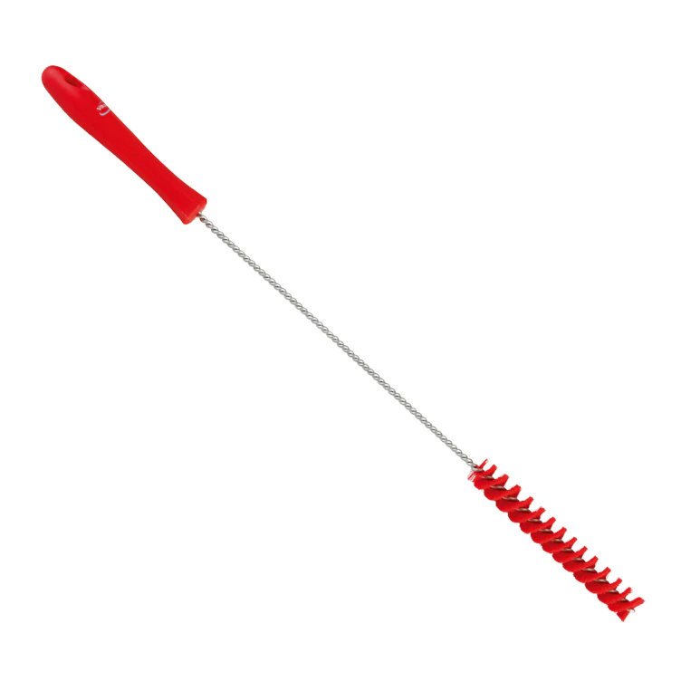 Red Vikan® Stainless Steel Tube Brush with Medium Polyester Bristles & Polypropylene Handle - 0.8" Dia. x 19.7" L
