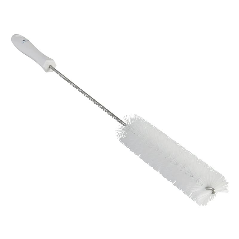 White Vikan® Stainless Steel Tube Brush with Stiff Polyester Bristles & Polypropylene Handle - 1.6" Dia. x 19.7" L