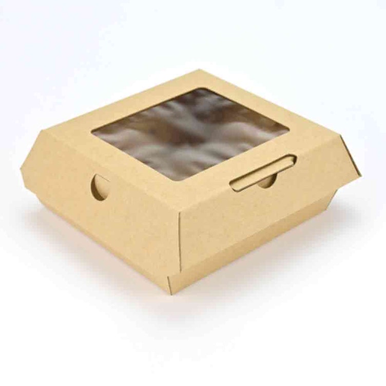 Small Square Kraft Paper Clamshell Food Container with Window - Case of 300
