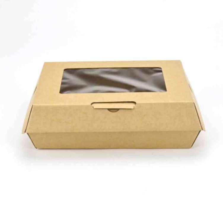 Large Rectangular Kraft Paper Clamshell Food Container with Window - Case of 200