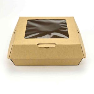 Extra Large Square Kraft Paper Clamshell Food Container with Window - Case of 110