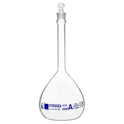 2000mL Clear Glass Volumetric Flask with No. 27 Glass Stopper - Class A