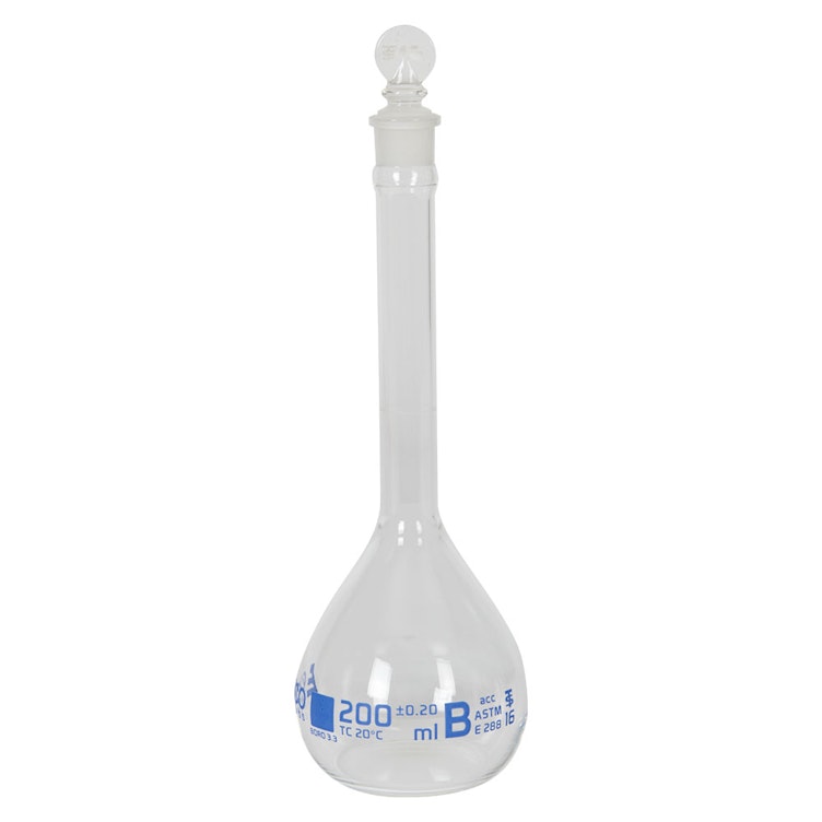 200mL Clear Glass Volumetric Flask with No. 16 Glass Stopper - Class B