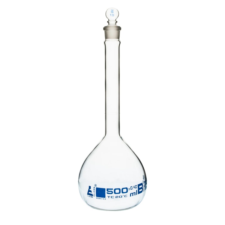 500mL Clear Glass Volumetric Flask with No. 19 Glass Stopper - Class B