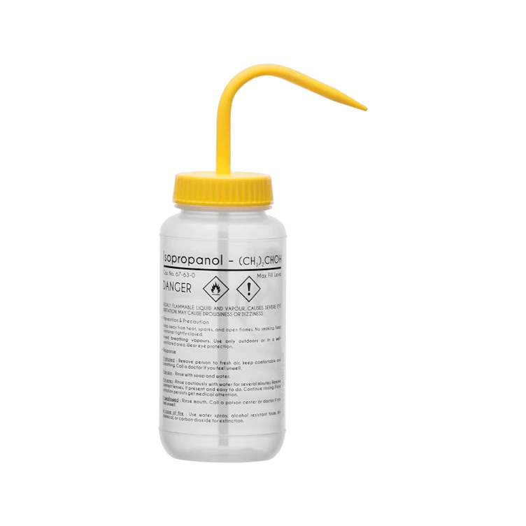 500mL (16.9 oz.) Isopropanol Wide Mouth Wash Bottle with Yellow Dispensing Nozzle