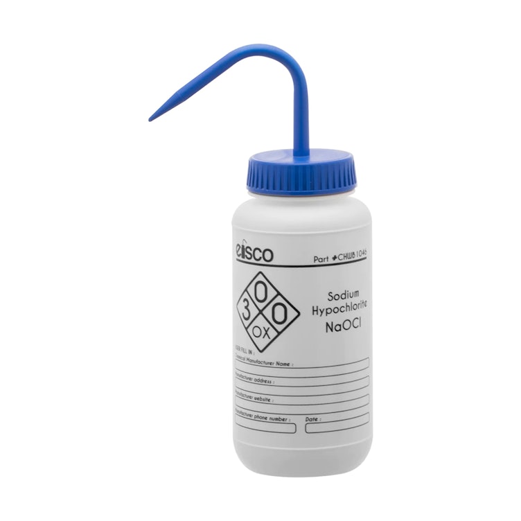 500mL (16.9 oz.) Sodium Hypochlorite Wide Mouth Wash Bottle with Blue Dispensing Nozzle
