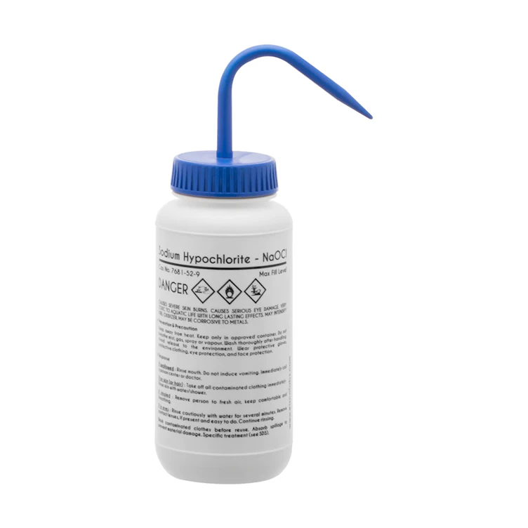500mL (16.9 oz.) Sodium Hypochlorite Wide Mouth Wash Bottle with Blue Dispensing Nozzle