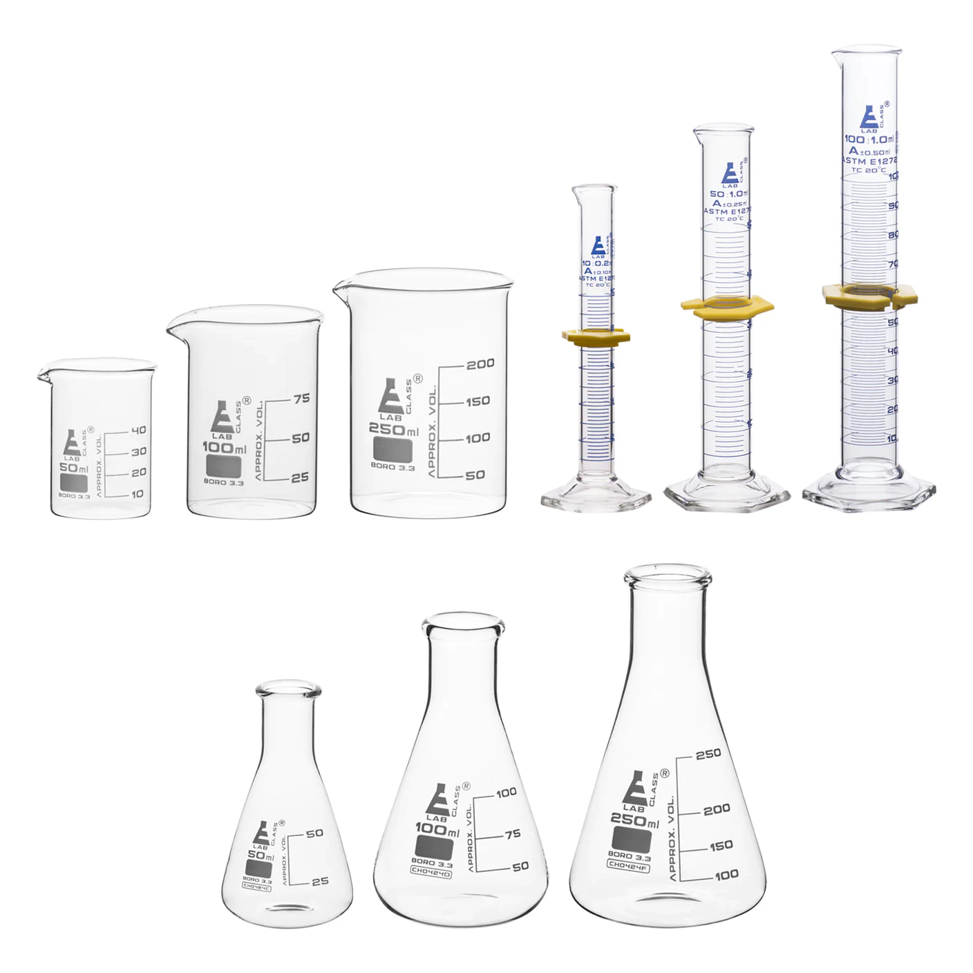 Lab Essentials Glassware Set with (3) Beakers, (3) Erlenmeyer Flasks ...