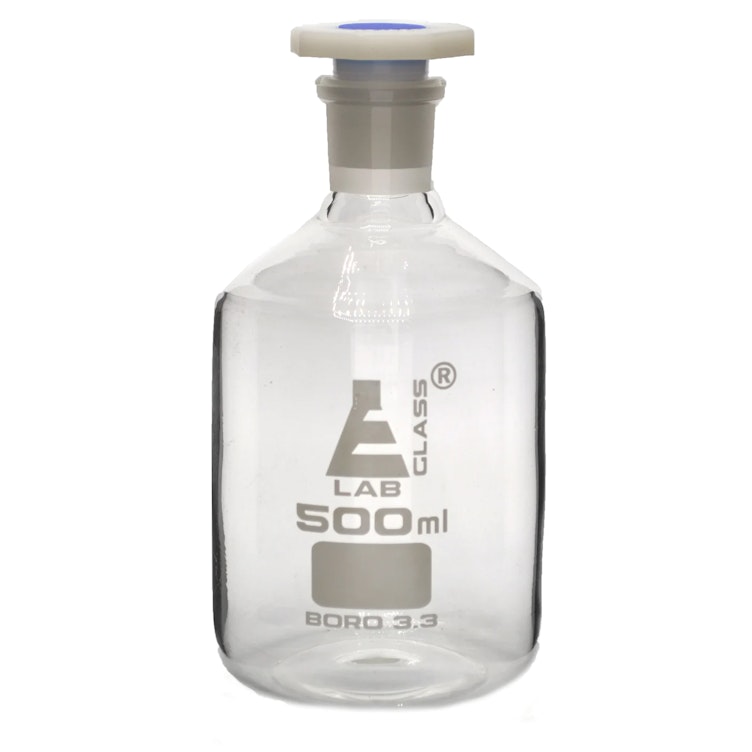 500mL Clear Glass Reagent Bottle with 24/29 Acid-Proof Polypropylene Stopper - Case of 6