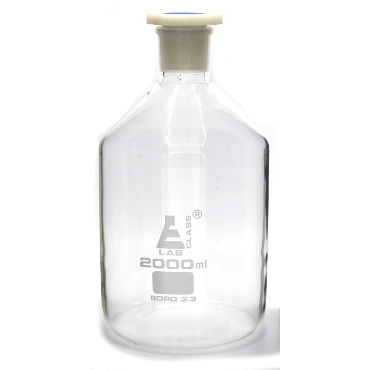 2000mL Clear Glass Reagent Bottle with 34/35 Acid-Proof Polypropylene Stopper - Case of 2