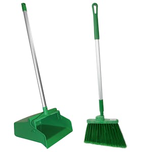 12" Green Polypropylene Sparta® Angled Upright Broom with Flagged Bristles, 30" Aluminum Handle & Upright Lobby Dustpan with Open Lid 