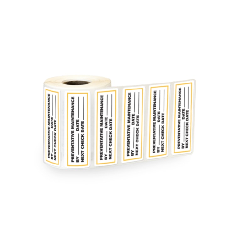 "Preventative Maintenance" with "By __," "Date __" & "Next Check Date __" Rectangular Paper Write-On Label with Yellow Border - 3" x 1"
