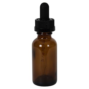 1 oz. Amber Glass Boston Round Bottle with 20/400 Black Graduated CRC Dropper Cap with Glass Pipette