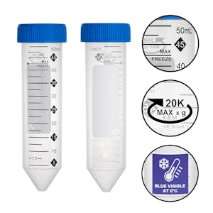 50mL ProSeries™ Sterile Clear Polypropylene Centrifuge Tube with Blue Screw Cap & Printed Graduations (25 per Bag; 20 Bags per Case)