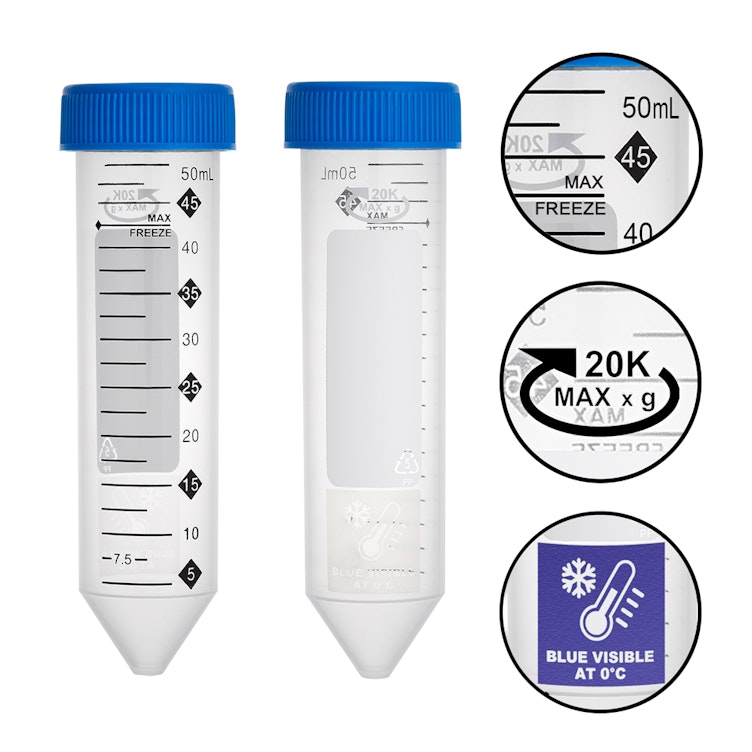 50mL ProSeries™ Sterile Clear Polypropylene Centrifuge Tube with Blue Screw Cap & Printed Graduations - 25 per Bag; 20 Bags per Case