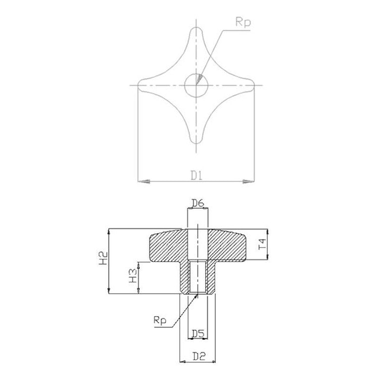 1.25" Dia., 1/4"-20 Thread Solid Stainless Steel 4-Prong Knob with Tapped Through Hole