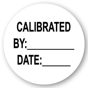 "Calibrated" with "By __" & "Date __" Round Paper Write-On Label with Black Font - 2" Dia.