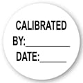 "Calibrated" with "By __" & "Date __" Round Paper Write-On Label with Black Font - 2" Dia.