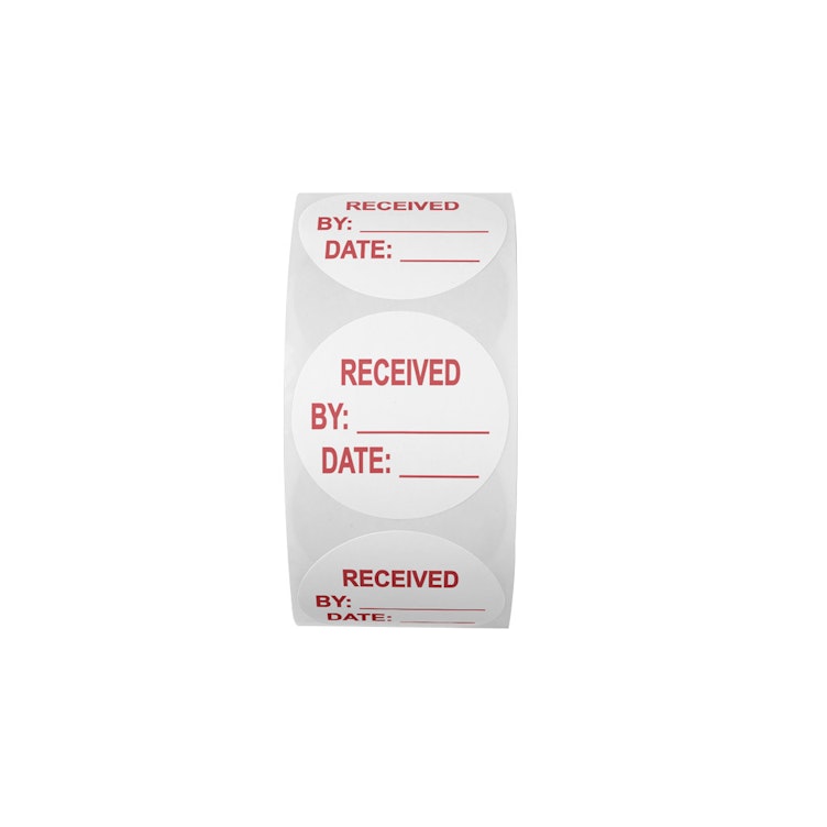 "Received" with "By __" & "Date __" Round Paper Write-On Label with Red Font - 2" Dia.