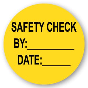 "Safety Check" with "By __" & "Date __" Round Paper Write-On Label with Yellow Background - 2" Dia.