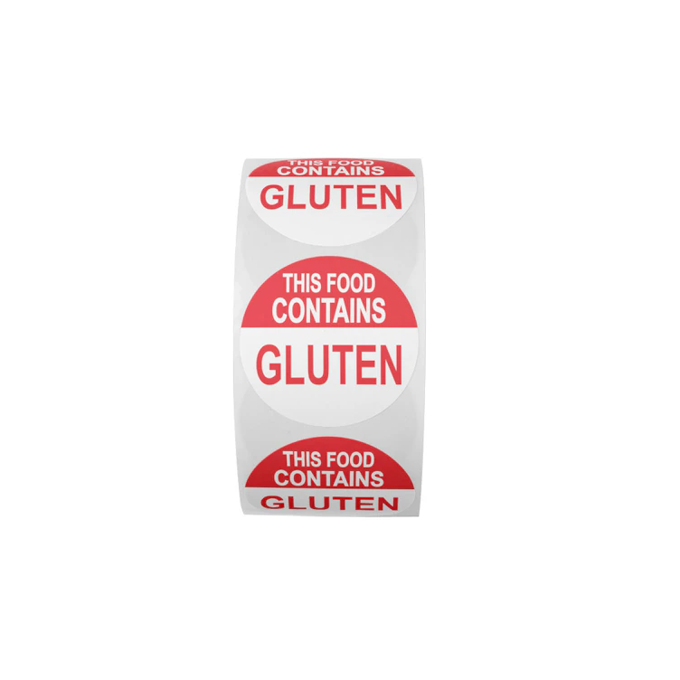 "Contains Gluten" Round Paper Label with Red Header - 2" Dia.