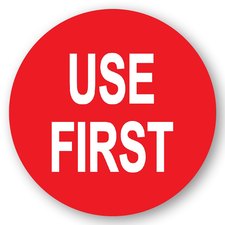 "Use First" Round Paper Label with Red Background - 2" Dia.