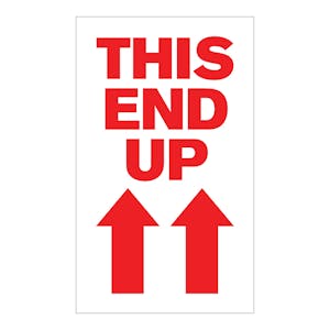 "This End Up" Vertical Rectangular Paper Label with Red Arrows & Font - 3" x 5"