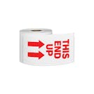 "This End Up" Horizontal Rectangular Paper Label with Red Arrows & Font - 3" x 5"