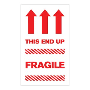 "Fragile - This End Up" Vertical Rectangular Paper Label with Red Arrows & Font - 3" x 5"