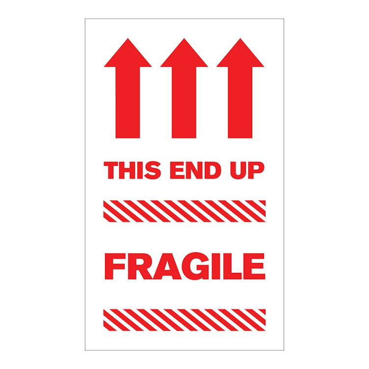 "Fragile - This End Up" Vertical Rectangular Paper Label with Red Arrows & Font - 3" x 5"