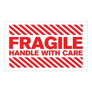 "Fragile - Handle with Care" Horizontal Rectangular Paper Label with Red Font - 3" x 5"