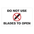 "Do Not Use Blades to Open" Horizontal Rectangular Paper Label with Symbol & Black Font - 3" x 5"