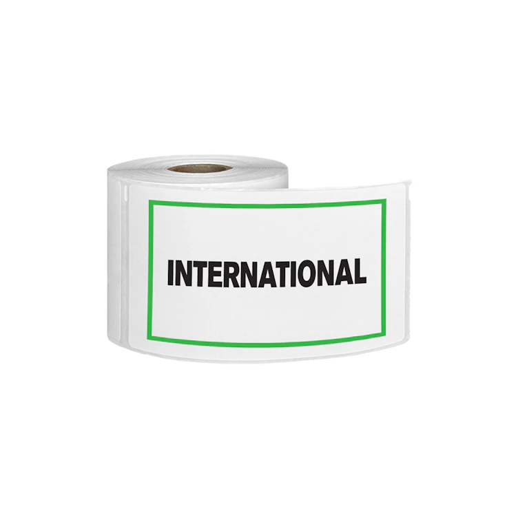 "International" Horizontal Rectangular Paper Label with Green Border - 3" x 5"