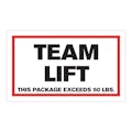 "Team Lift - This Package Exceeds 50 lbs." Horizontal Rectangular Paper Label with Red Border - 3" x 5"
