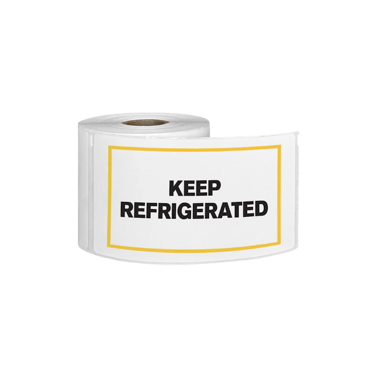 "Keep Refrigerated" Horizontal Rectangular Paper Label with Yellow Border - 3" x 5"