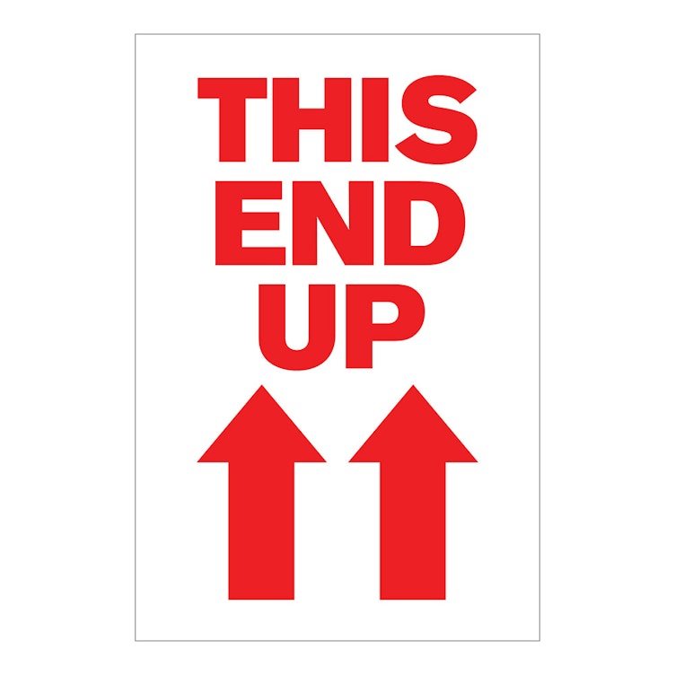 "This End Up" Vertical Rectangular Paper Label with Red Arrows & Font - 4" x 6"