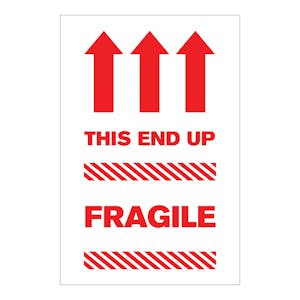 "Fragile - This End Up" Vertical Rectangular Paper Label with Red Arrows & Font - 4" x 6"