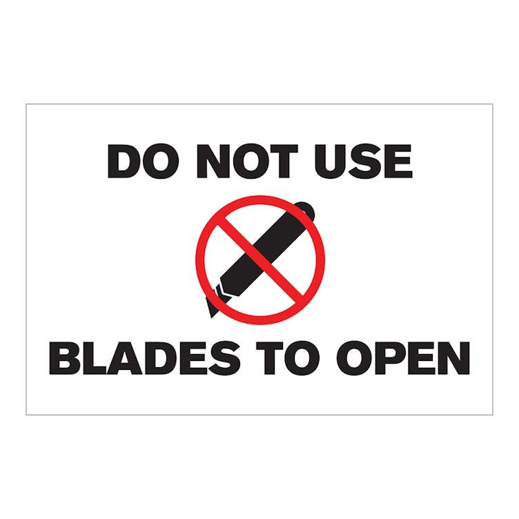 "Do Not Use Blades to Open" Horizontal Rectangular Paper Label with Symbol & Black Font - 4" x 6"