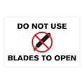 "Do Not Use Blades to Open" Horizontal Rectangular Paper Label with Symbol & Black Font - 4" x 6"