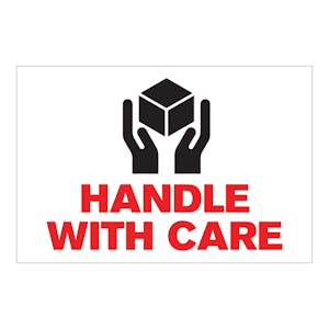 "Handle with Care" Horizontal Rectangular Paper Label with Symbol & Red Font - 4" x 6"