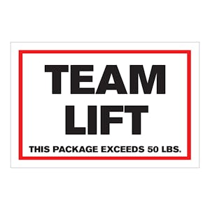 "Team Lift - This Package Exceeds 50 lbs." Horizontal Rectangular Paper Label with Red Border - 4" x 6"