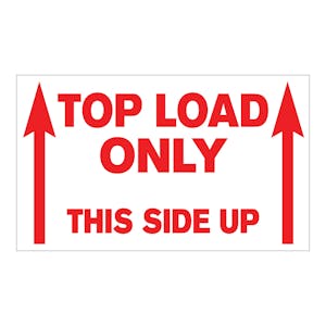 "Top Load Only - This Side Up" Horizontal Rectangular Paper Label with Red Arrows & Font - 3" x 5"