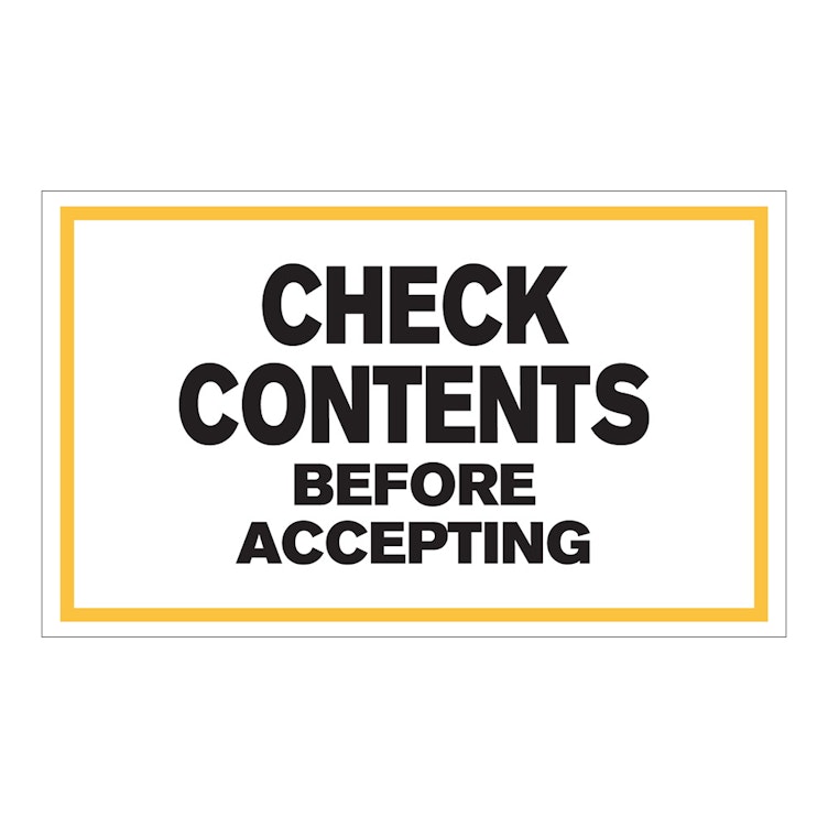 "Check Contents Before Accepting" Horizontal Rectangular Paper Label with Yellow Border - 3" x 5"